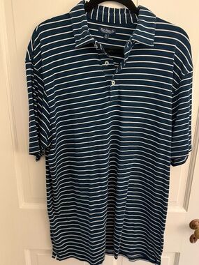 Men's Fish Hippie Navy & White Striped Polo Collection Shirt Size XL